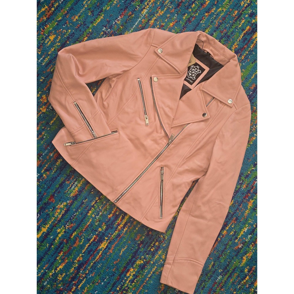 NWT Decrum Ninfa Moto Jacket Pink Leather Asymmetrical Biker Womens Size S
